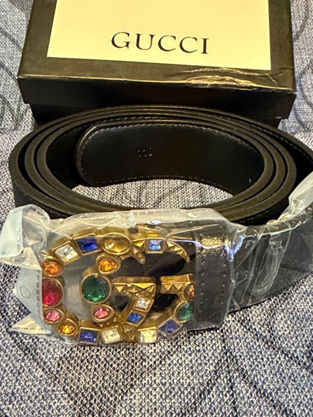 Black Leather Belt with Multicolor Jeweled GG Buckle